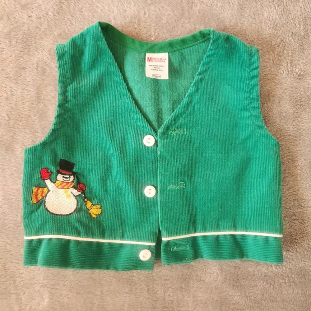 Vintage Sears Toddler Green Corduroy Snowman Embroidered Holiday Vest Size M